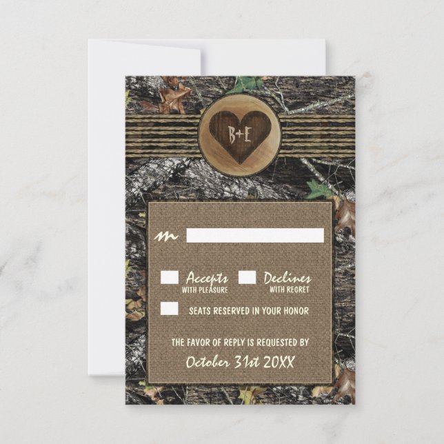 Burlap + Cartes RSVP de mariage Carved Heart Camo (Devant)