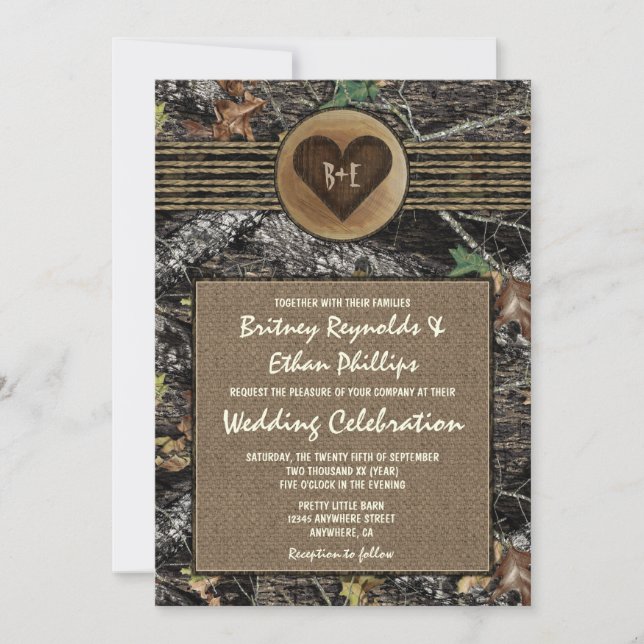 Burlap + Carved Heart Camo Wedding Invitations (Devant)