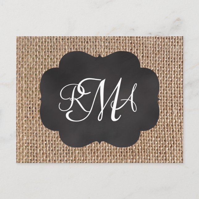 Burlap Chalkboard Look Triple Mit Monogramm Script Postkarte (Vorderseite)
