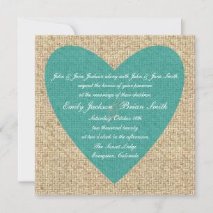 Burlap coeur turquoise invitation de mariage rusti