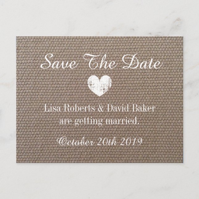 Burlap Enregistrer la date Carte postale mariage a (Devant)