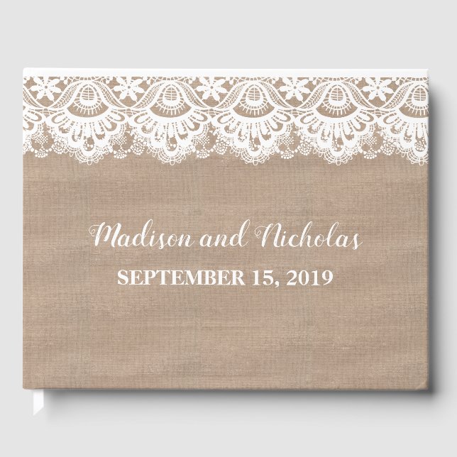 Burlap et dentelle Mariage livre d'hôtes, Rustique (Recto)