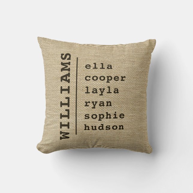 Burlap FAMILY NAME KINDER NAMEN Kids Script Kissen (Vorderseite)