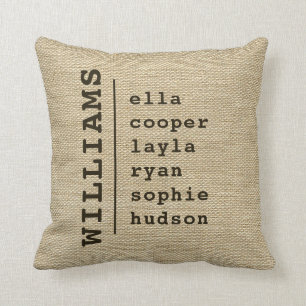 Burlap FAMILY NAME KINDER NAMEN Kids Script Kissen