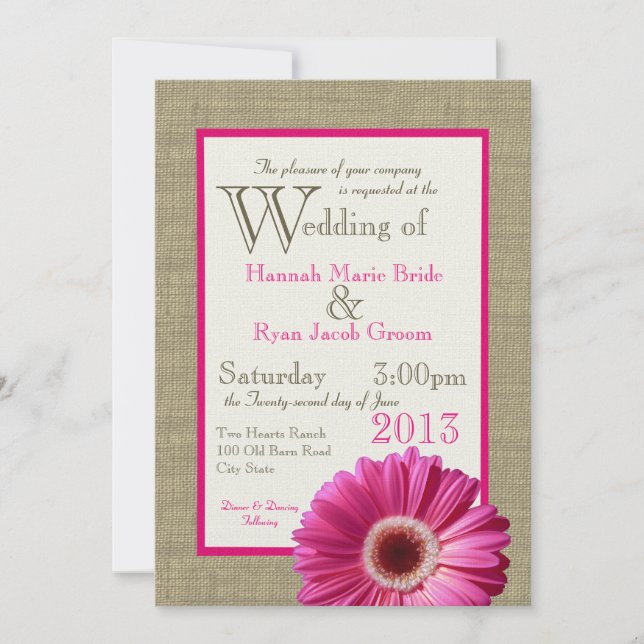 Burlap Fuchsia Gerbera Daisy Wedding Einladung (Vorderseite)