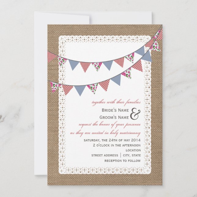 Burlap  Gingham & Floral Bunting Wedding Einladung (Vorderseite)
