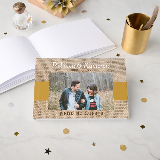 Burlap & Gold Foto Hochzeit Gästebuch (Vorderseite Offen)