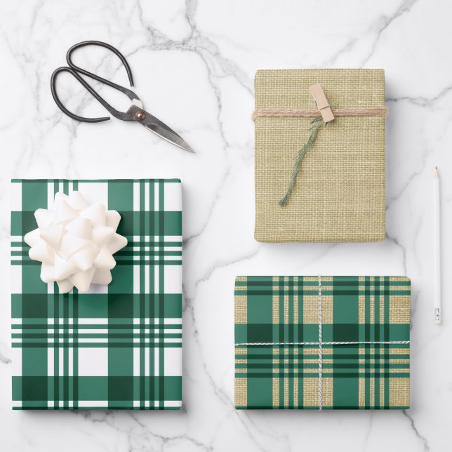Burlap Green Kariert Geschenkpapier Set (Vorderseite)