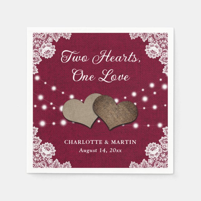 Burlap Hearts Lace Rustic Burgundy Wedding Napkins Serviette (Vorderseite)