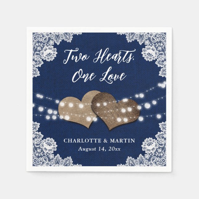 Burlap Hearts Lace Rustic Navy Blue Wedding Serviette (Vorderseite)