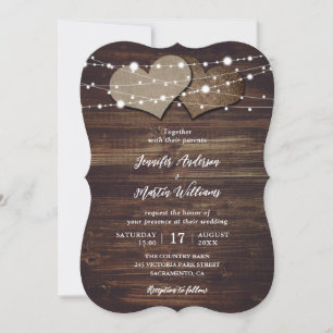 Burlap Hearts String Lights Rustic Wood Wedding Einladung