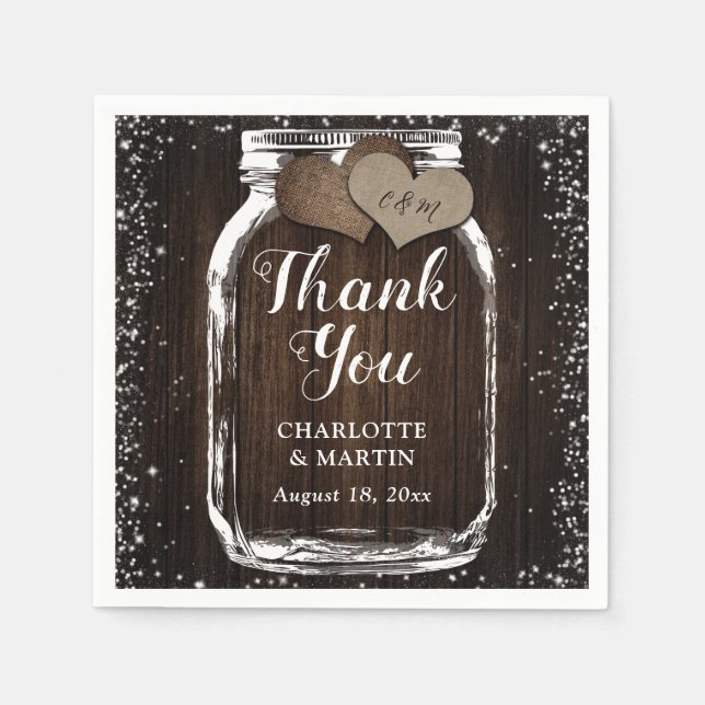 Burlap Hearts Wood Mason Jar Danke Hochzeit Serviette (Vorderseite)