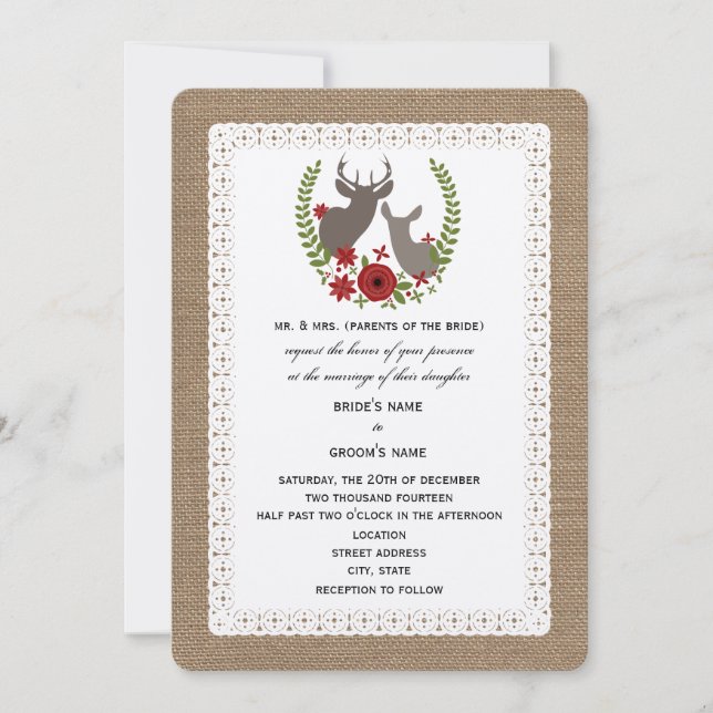 Burlap + Hochzeitsschuh + Doe Deer Einladung (Vorderseite)