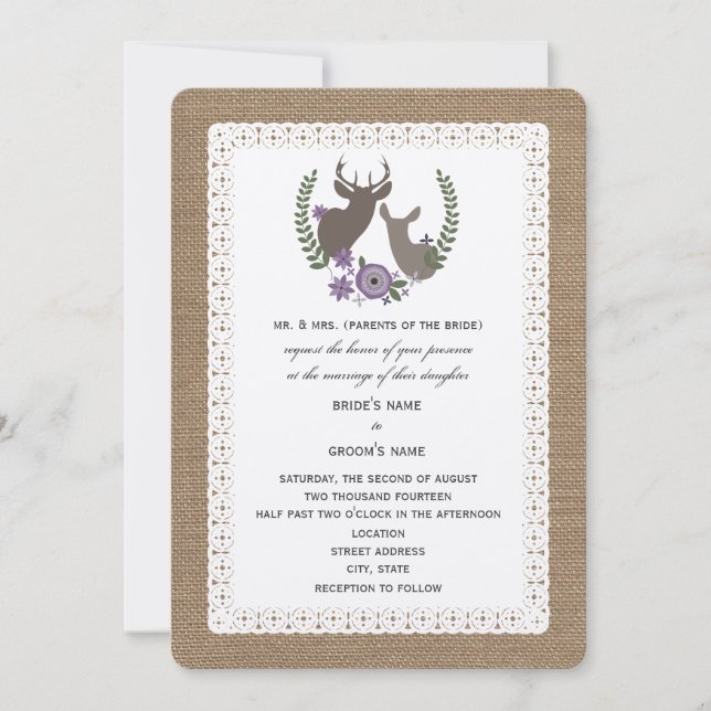 Burlap + Hochzeitsschuh + Doe Deer - Lila Einladung (Vorderseite)