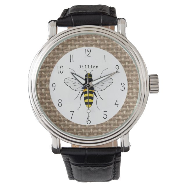 Burlap Inspiré Honey Bee Montre Personnalisée (devant)