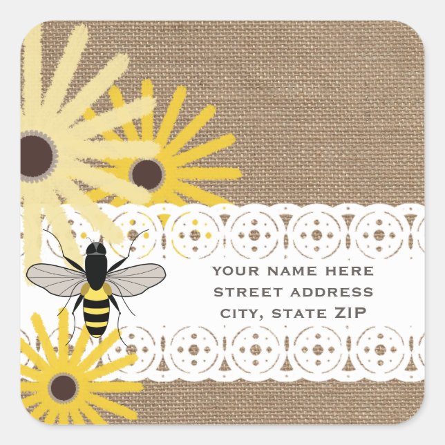 Burlap Inspiriert Black Mit Augen Susans & Bee-Adr Quadratischer Aufkleber (Vorderseite)