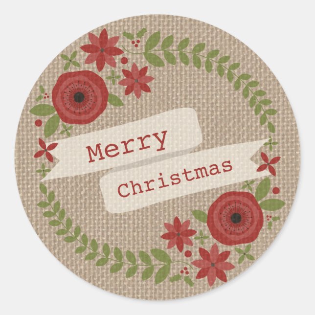 Burlap Inspiriert Blumenkraut Weihnachten Runder Aufkleber (Vorderseite)