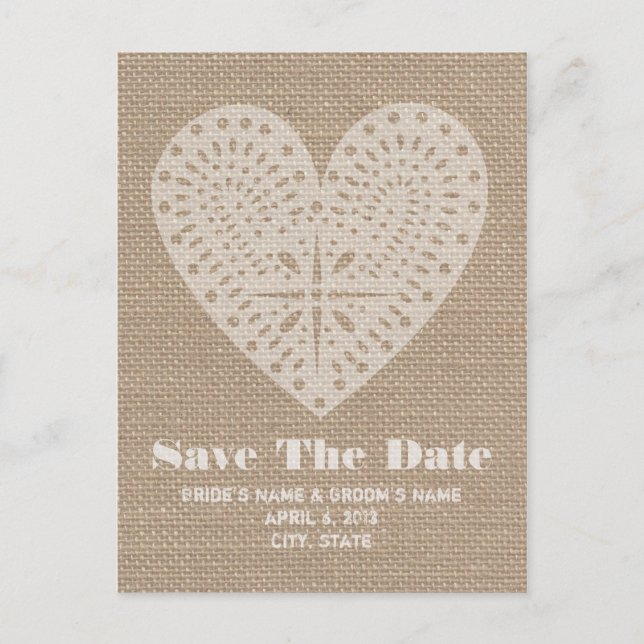 Burlap Inspiriert Herzhochzeit retten das Datum Ankündigungspostkarte (Vorderseite)