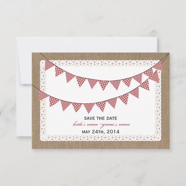 Burlap Inspiriert Red Gingham Bunting Rett Date Save The Date (Vorderseite)