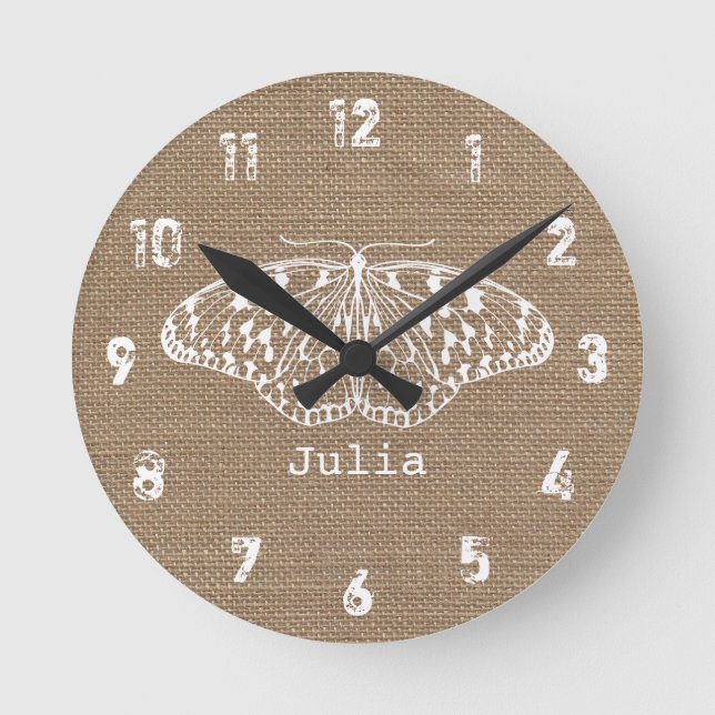 Burlap-Inspirierte Schmetterlinguhr Runde Wanduhr (Vorderseite)