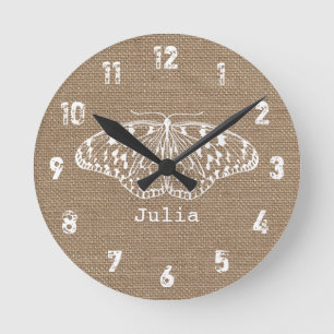 Burlap-Inspirierte Schmetterlinguhr Runde Wanduhr