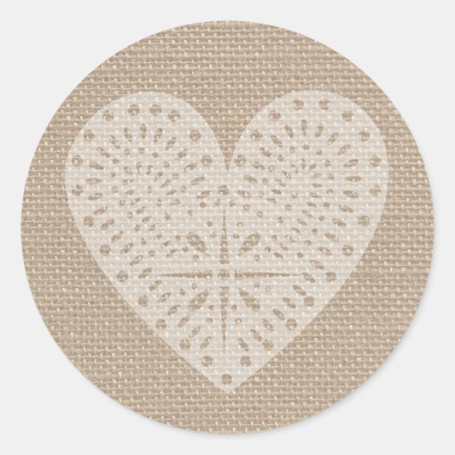 Burlap-Inspirierter Weißherz-Aufkleber Runder Aufkleber (Vorderseite)