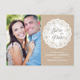 Burlap Lace Doily Save the Date Postcard Ankündigungspostkarte