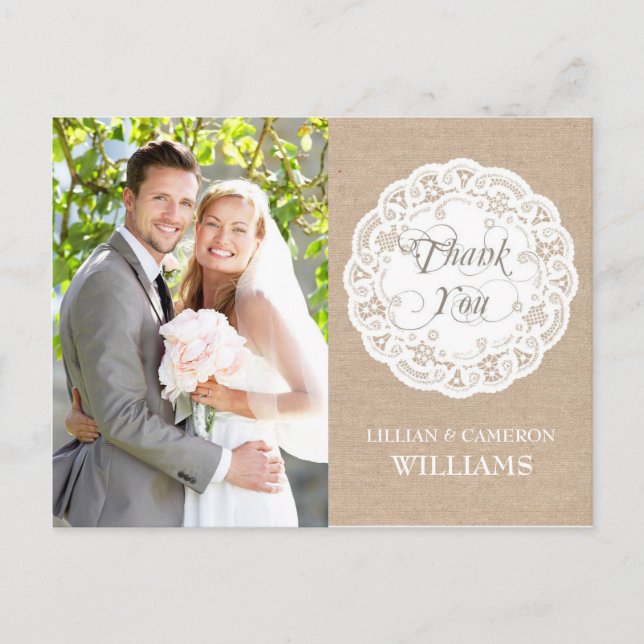 Burlap Lace Doily Wedding Vielen Dank Postcard Postkarte (Vorderseite)