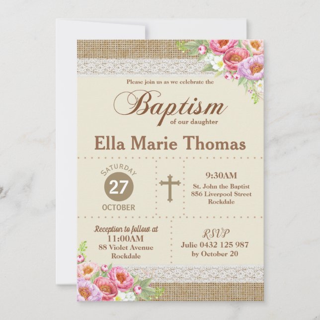 Burlap Lace Floral Christening Taufe Rustikales Mä Einladung (Vorderseite)