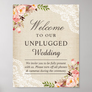 Burlap Lace Floral Unplugding Wedding Begrüßungsze Poster