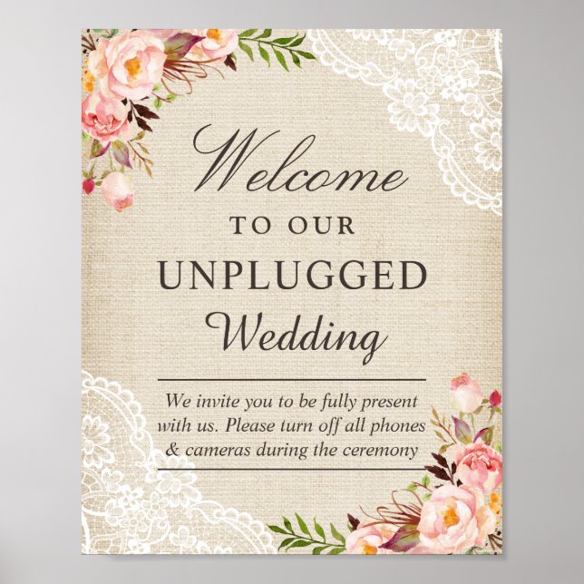 Burlap Lace Floral Unplugding Wedding Begrüßungsze Poster (Vorne)