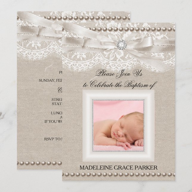 Burlap Lace Foto Taufe/Christening Einladung (Vorne/Hinten)