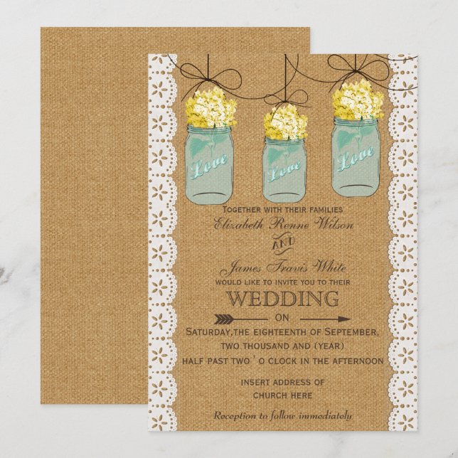 Burlap Lace gelbe Hydrangeas Mason-Glas lädt ein Einladung (Vorne/Hinten)