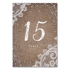 Burlap Lace Glitzer rustikale Hochzeitskarte Tischnummer