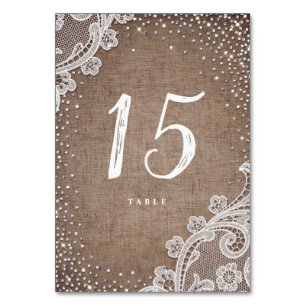 Burlap Lace Glitzer rustikale Hochzeitskarte Tischnummer