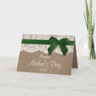 Burlap, Lace & Green Bow Happy Mother Day Karte