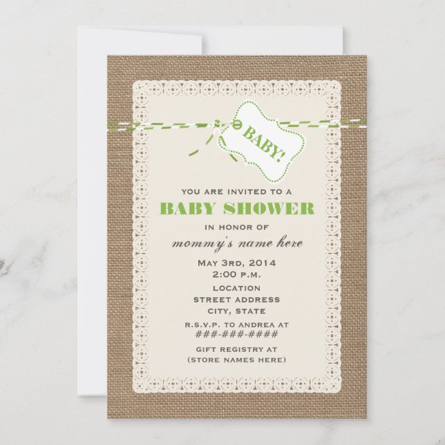 Burlap Lace & Green Twine  Babydusche Einladung (Vorderseite)