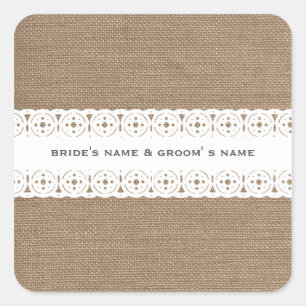 Burlap & Lace Inspiriert Hochzeitsticker Quadratischer Aufkleber
