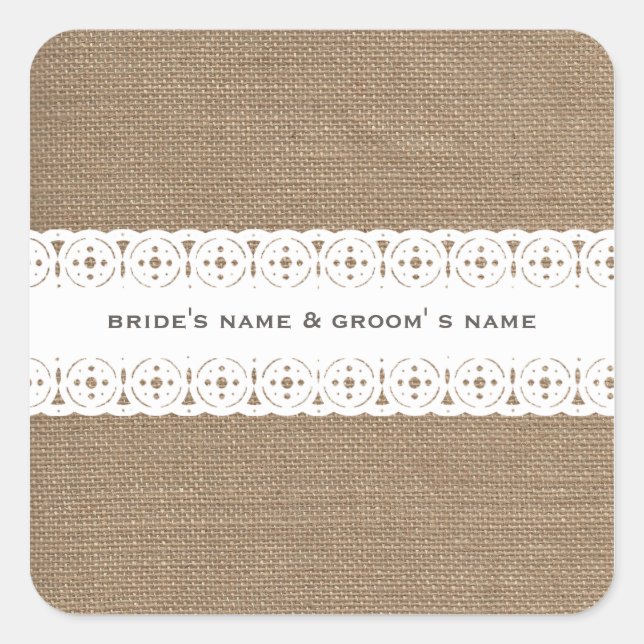 Burlap & Lace Inspiriert Hochzeitsticker Quadratischer Aufkleber (Vorderseite)