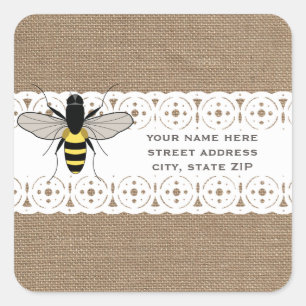 Burlap & Lace Inspiriert Honey Bee-Adresse Quadratischer Aufkleber