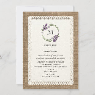 Burlap & Lace Inspiriert Lila Wreath Monogramm Einladung