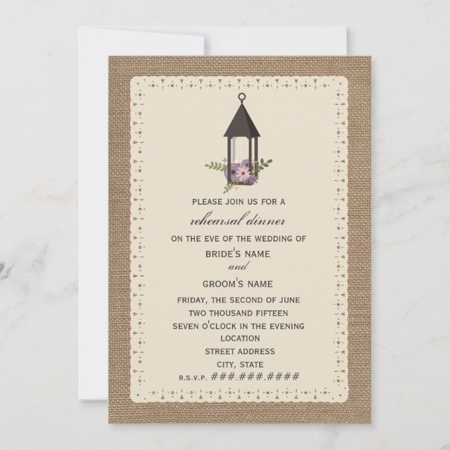 Burlap & Lace Inspiriert Probe mit floralen Lanter Einladung (Vorderseite)