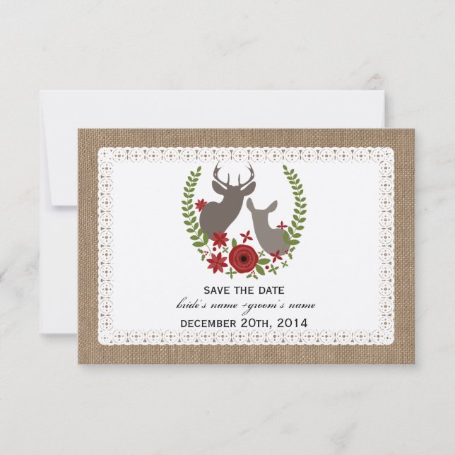 Burlap Lace Inspirierte Hirschweihnachtsfest Save  The Date (Vorderseite)