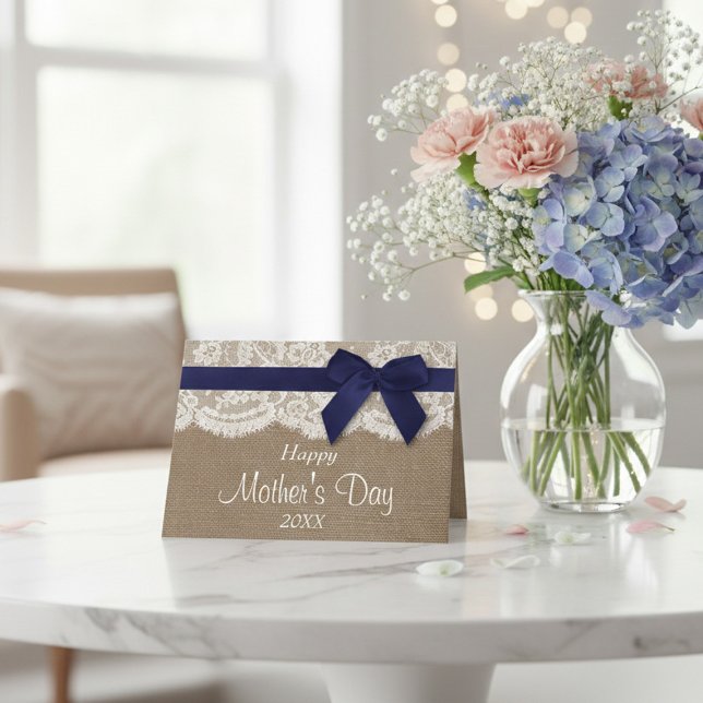 Burlap, Lace & Navy Bow Happy Mother Day Karte (Von Creator hochgeladen)