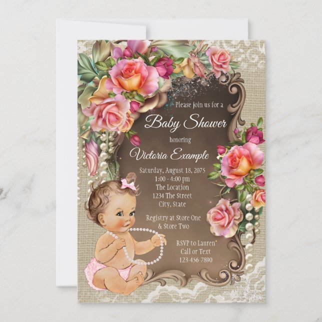 Burlap Lace Pearl Rustic Baby Shower Invitations (Devant)