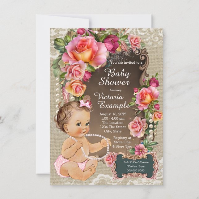 Burlap Lace Pearl Rustic Chic Baby Dusche Einladung (Vorderseite)