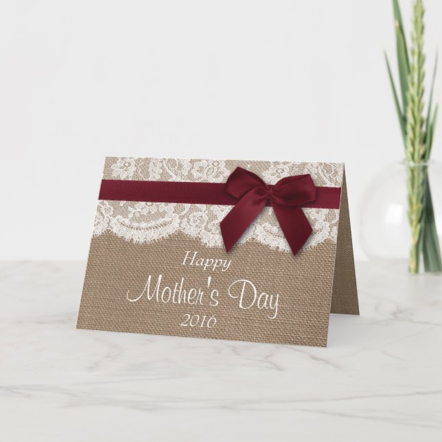 Burlap, Lace & Red Bow Happy Mother Day Karte (Vorderseite)