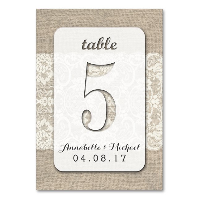 Burlap Lace Rustic Wedding Tischnummer Card 5 (Vorderseite)