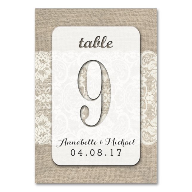 Burlap Lace Rustic Wedding Tischnummer Card 9 (Vorderseite)