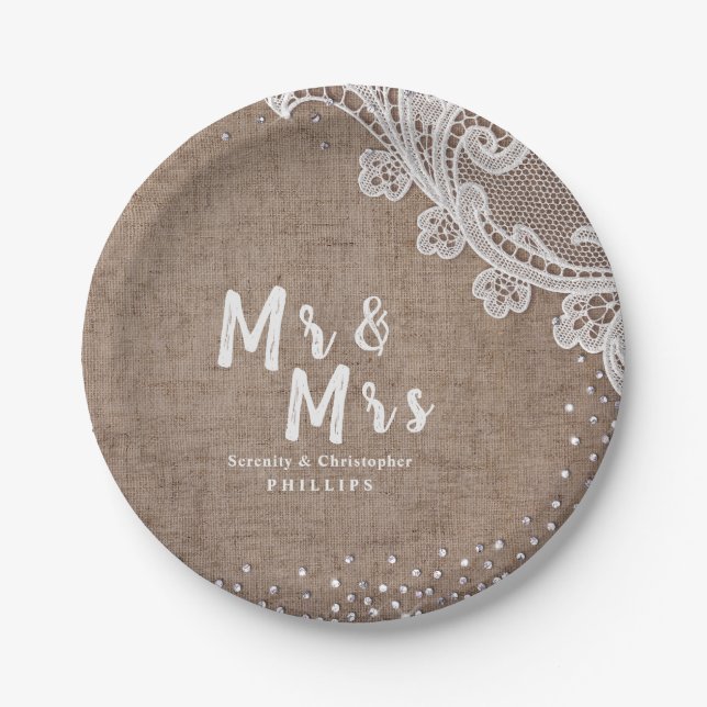 Burlap Lace silber Glitzer Mr & Mrs. rustic weddin Pappteller (Vorderseite)